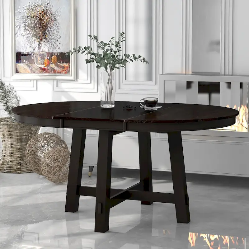 Farmhouse Round Extendable Dining Table with 16 Leaf Wood Kitchen Table