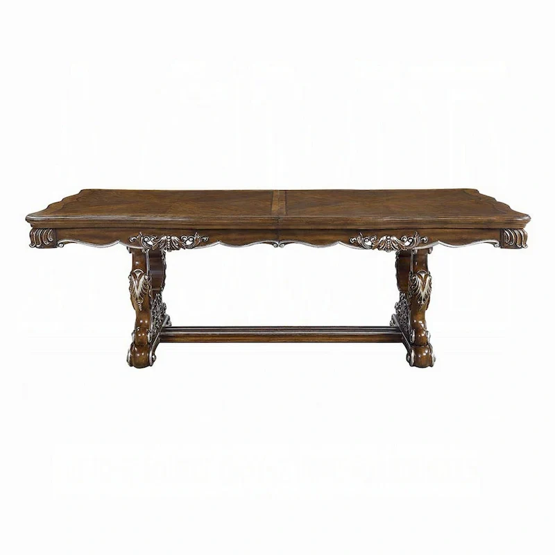 Maver Dining Table, Carved Silver Trim 90-114 Inch Classic Antique Oak