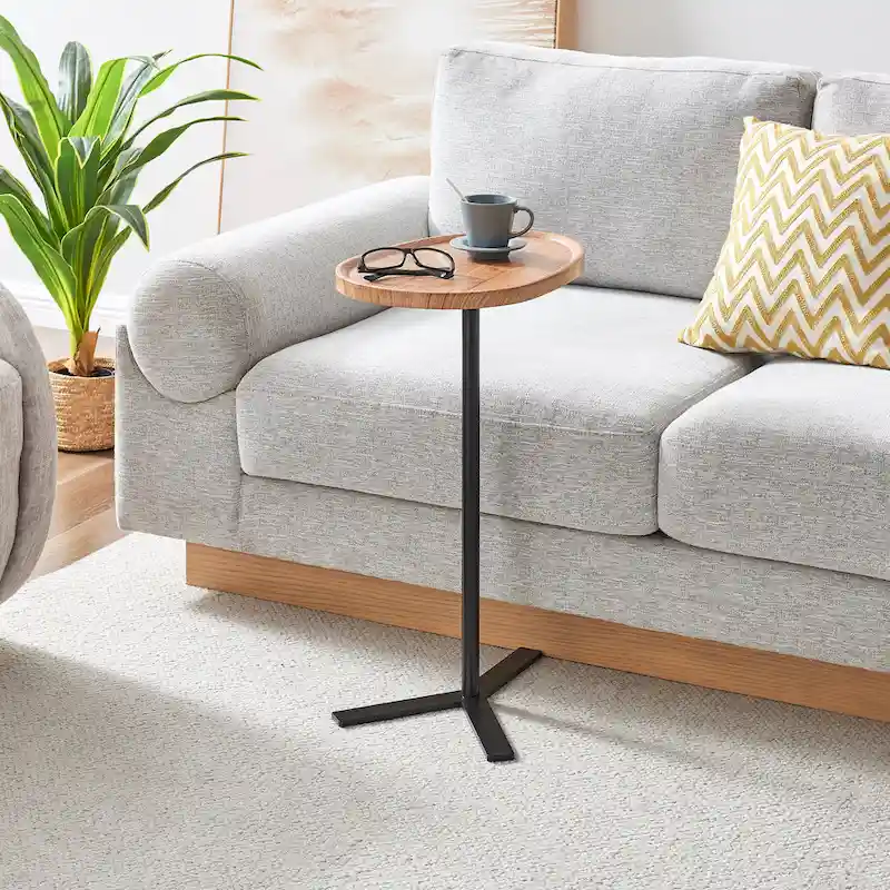 Oval Teardrop Modern Raised Lip Edge Couch-Side Accent C-Table with Crossed Y-Shape Metal Pedestal Leg