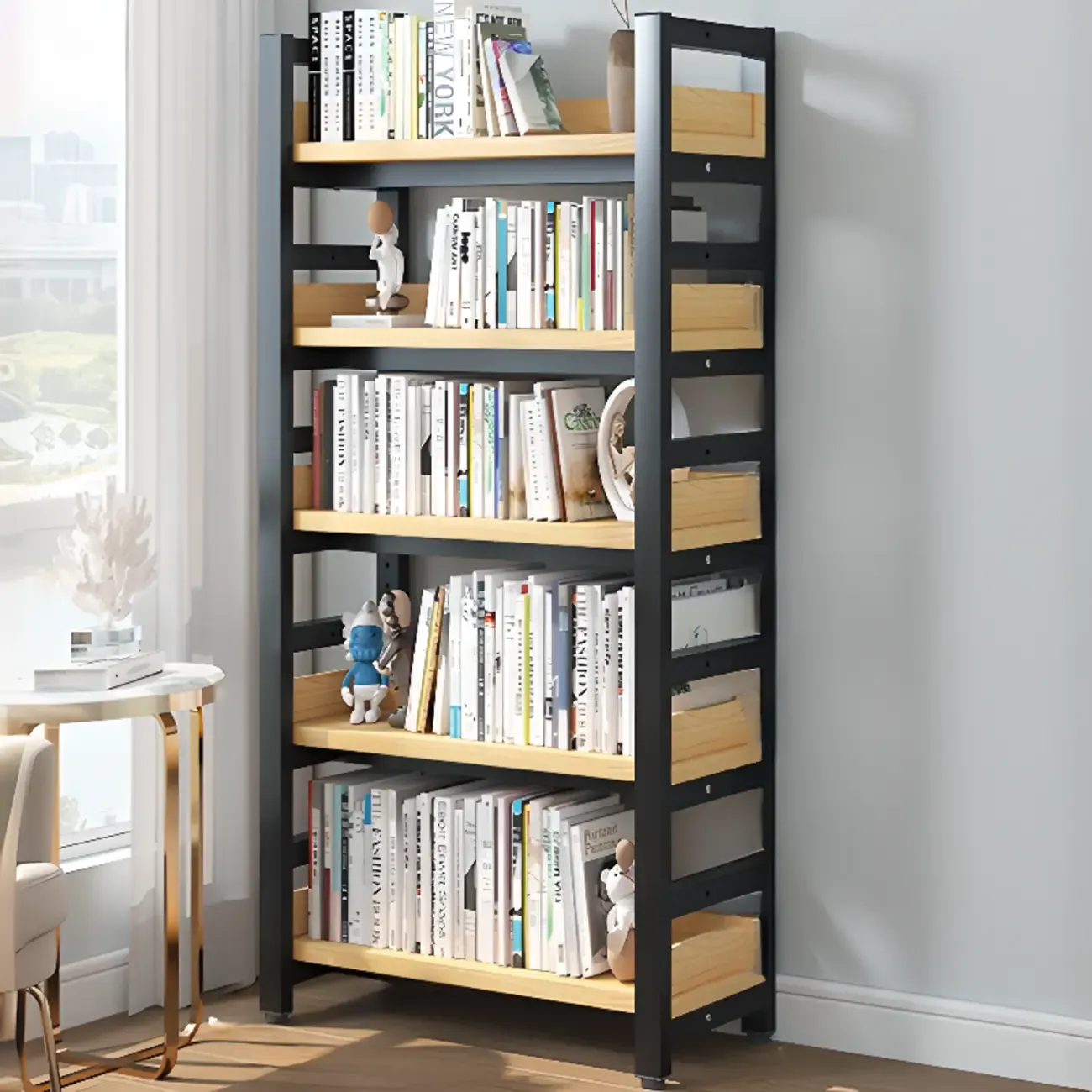 Freestanding Simple Multi-Layer Wood Bookshelf in Steel Frame