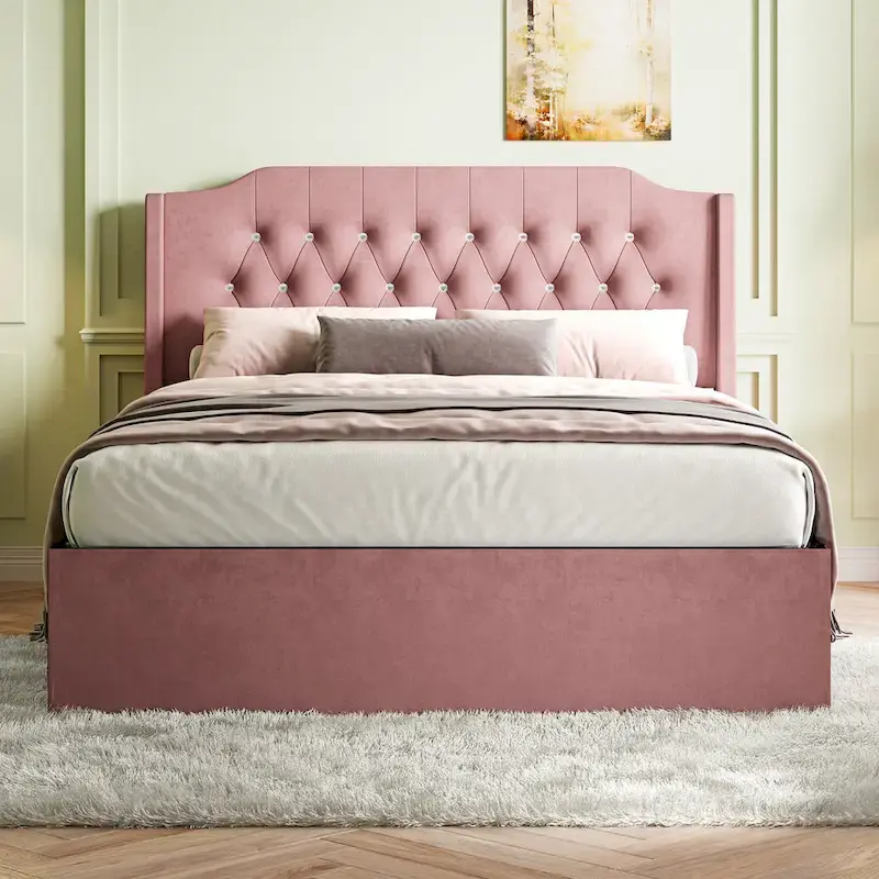 Queen Size Velvet Platform Bed with Tufted Headboard, Underbed Storage & Removable Velcro Fabric Cover