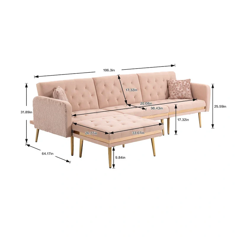 Polyester Upholstered Tufted Sleeper L-Shaped Sectional Sofa With Ottoman