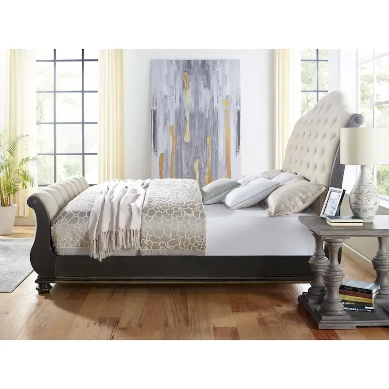 Beige Polyester Button-Tufted Sleigh Bed – King/Queen