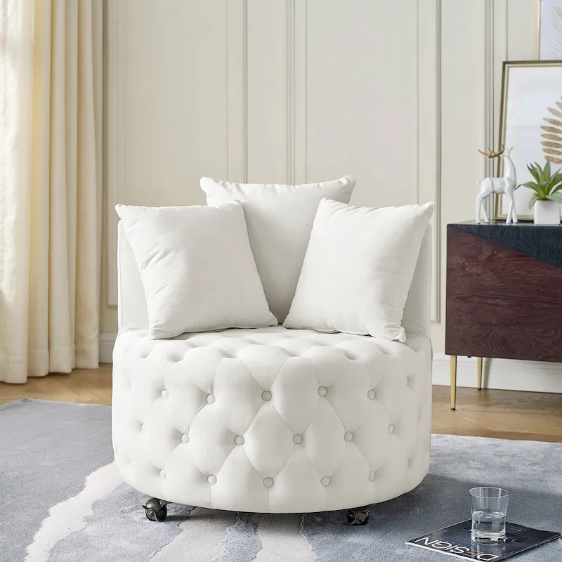 Living Room Velvet Swivel Chair with Button Tufted Design, 3 Pillows & Movable Wheels
