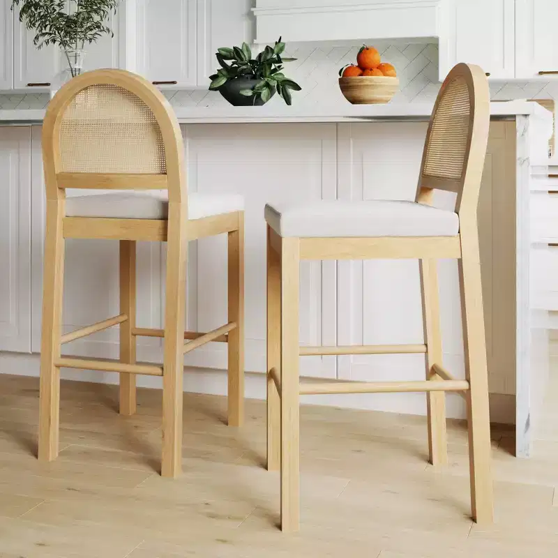 Nathan James Bailey Curved Back Counter Height Barstool Natural Wood Oak Rattan Cream Boucle: Upholstered, 300lb Capacity