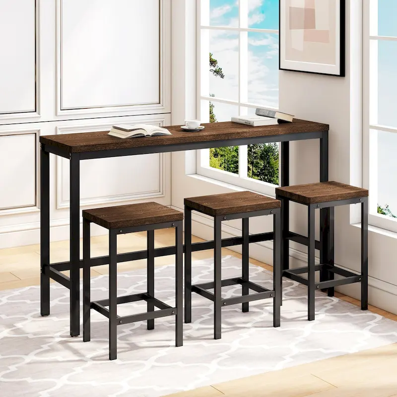 Modern Design Kitchen Dining Table, Pub Table, Long Dining Table Set with 3 Stools, Easy Assembly