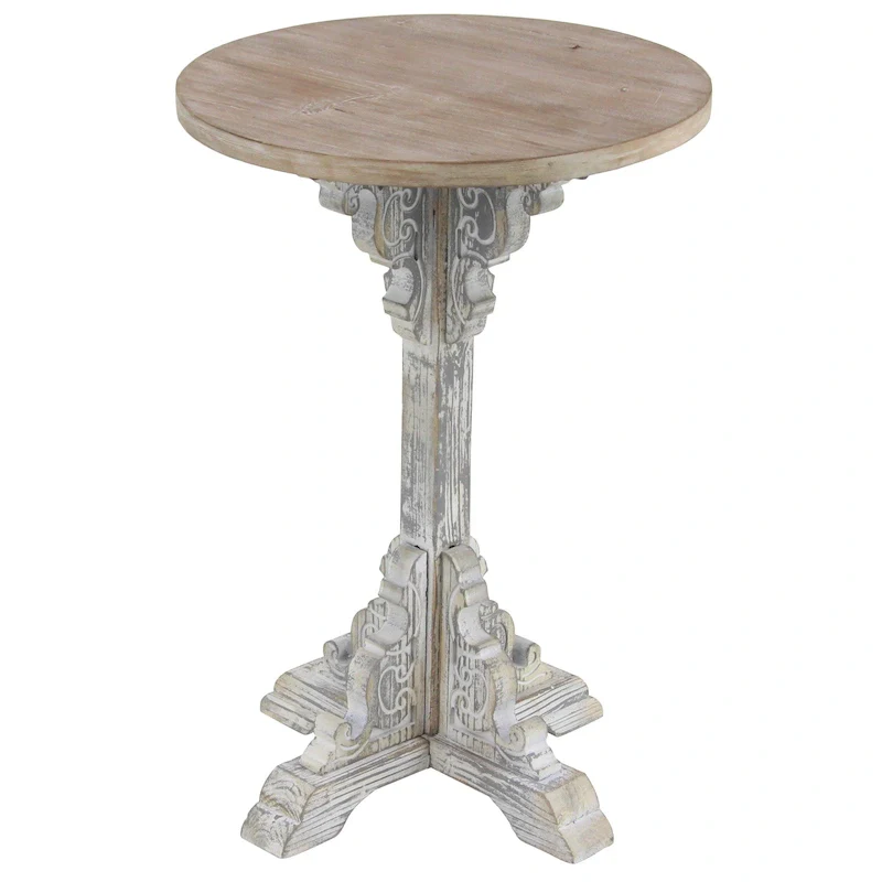 Wood Scroll Intricately Carved Accent End Table, Rustic Brown Gray Cream Side Table