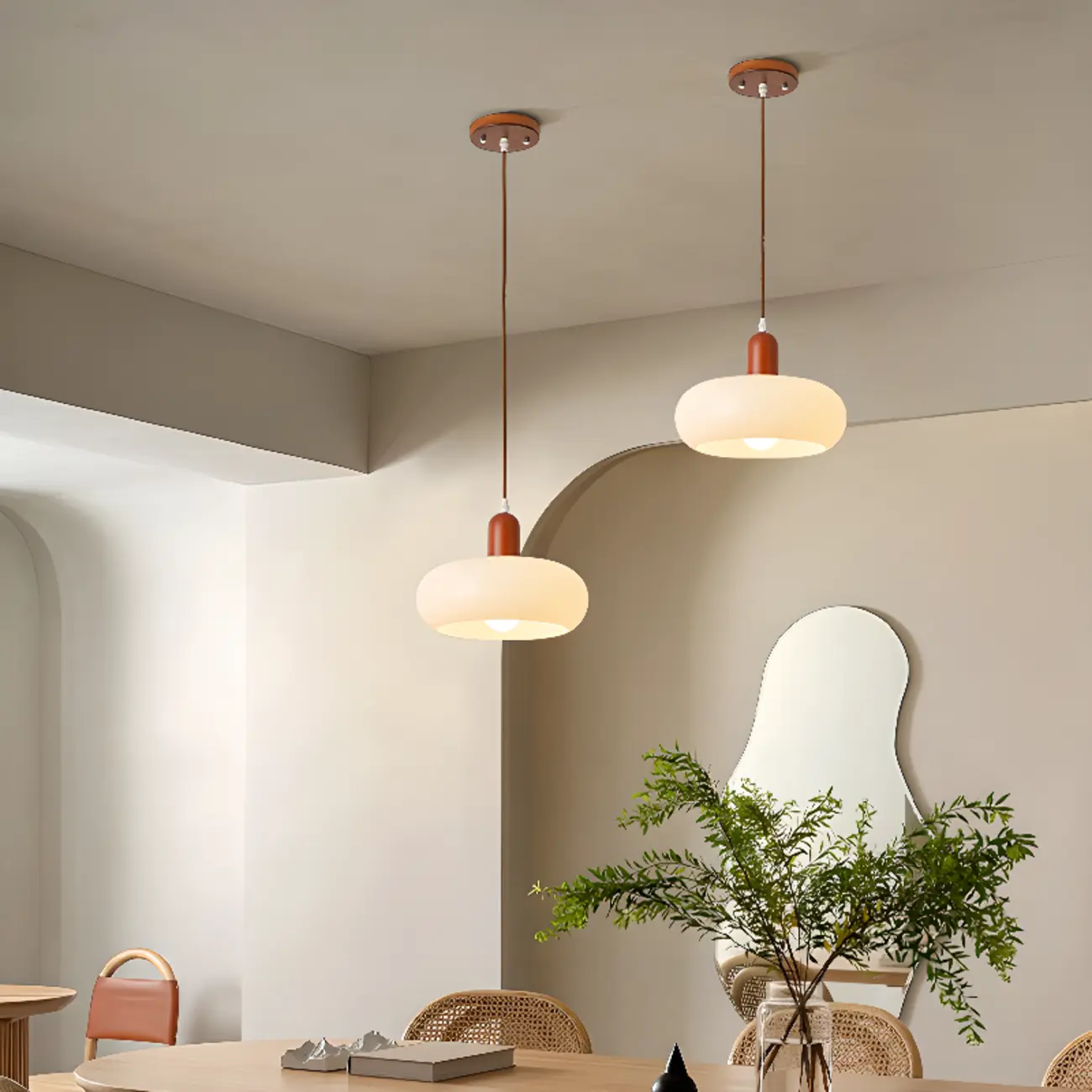 Modern White Glass Pendant Light with Solid Wood Accent