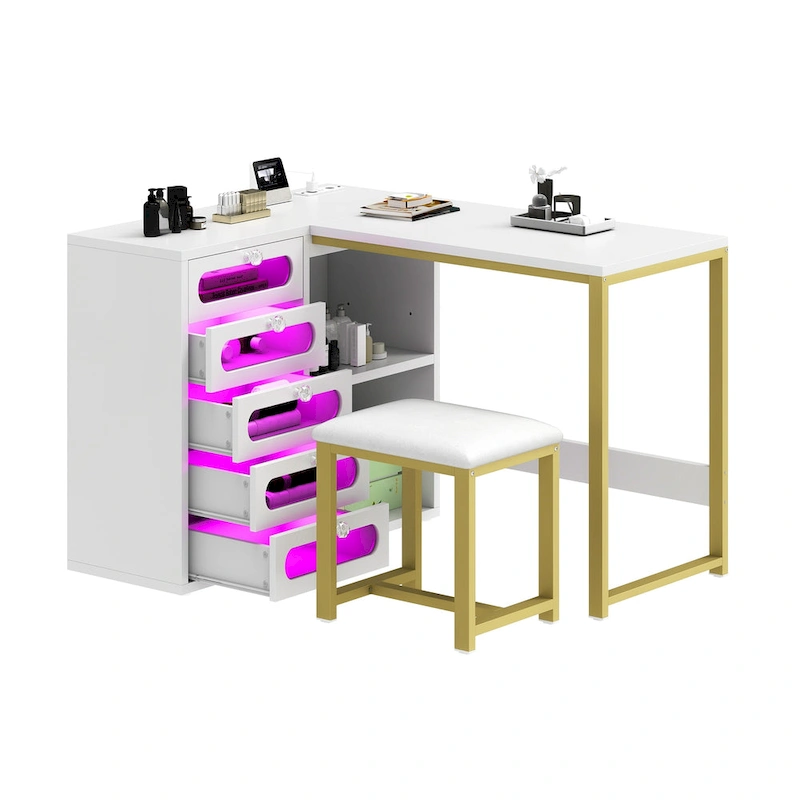 Moasis 5 Drawers L-Shape Nail Desk Set with Cushioned Stool and LED Light
