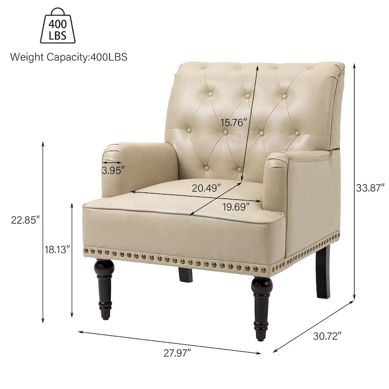 Button-Tufted PU Leather Accent Chair, Black/Brown/Beige, Nailhead Trim, Seats 1