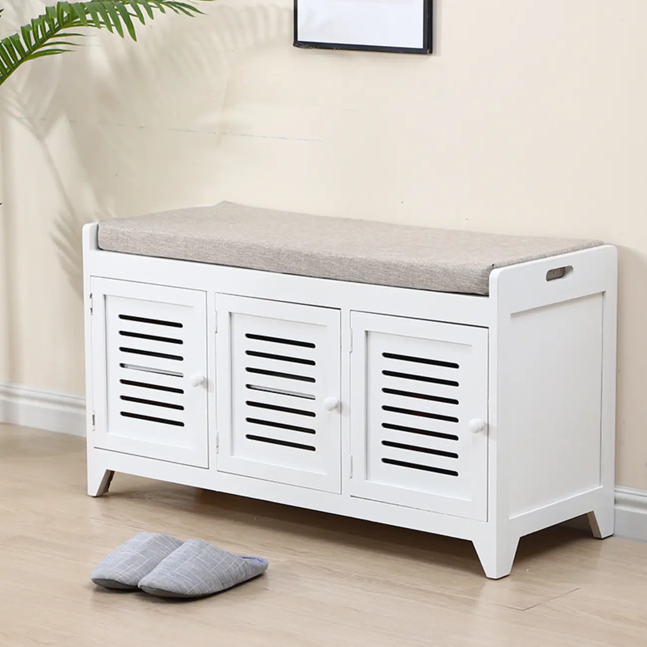 Entryway Wooden Cushioned Shoe Bench with Cabinet