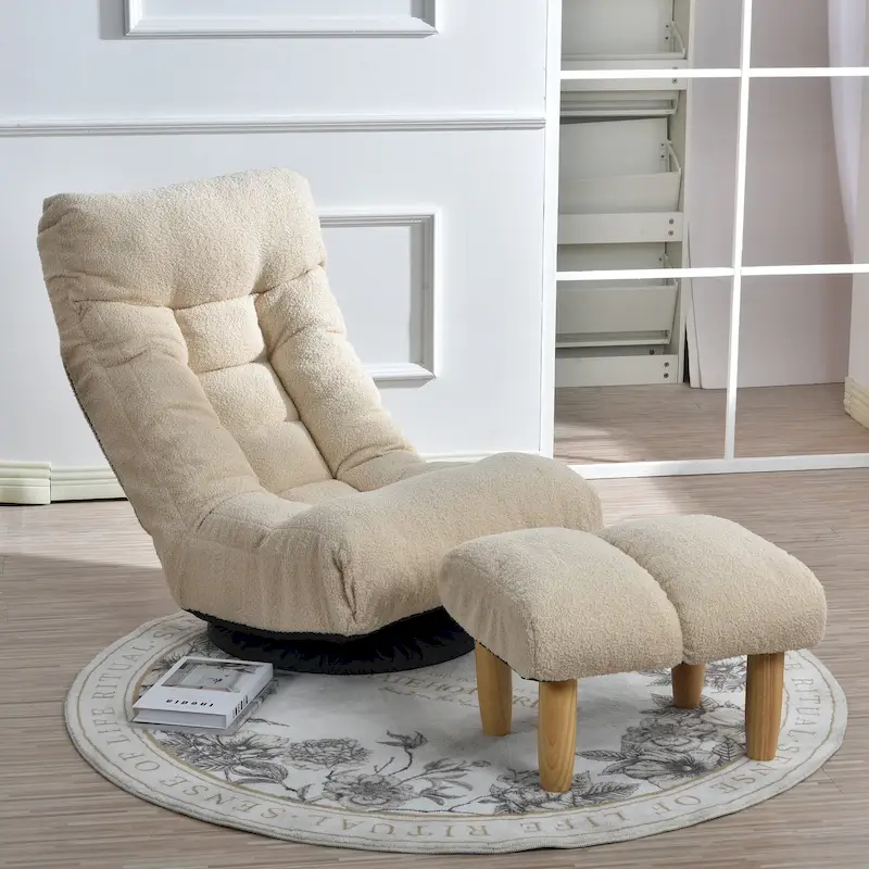 Beige Boucle Upholstered 360 Swivel Armless Manual Leisure Recliner Set with Ottoman, Adjustable Headrest and Backrest