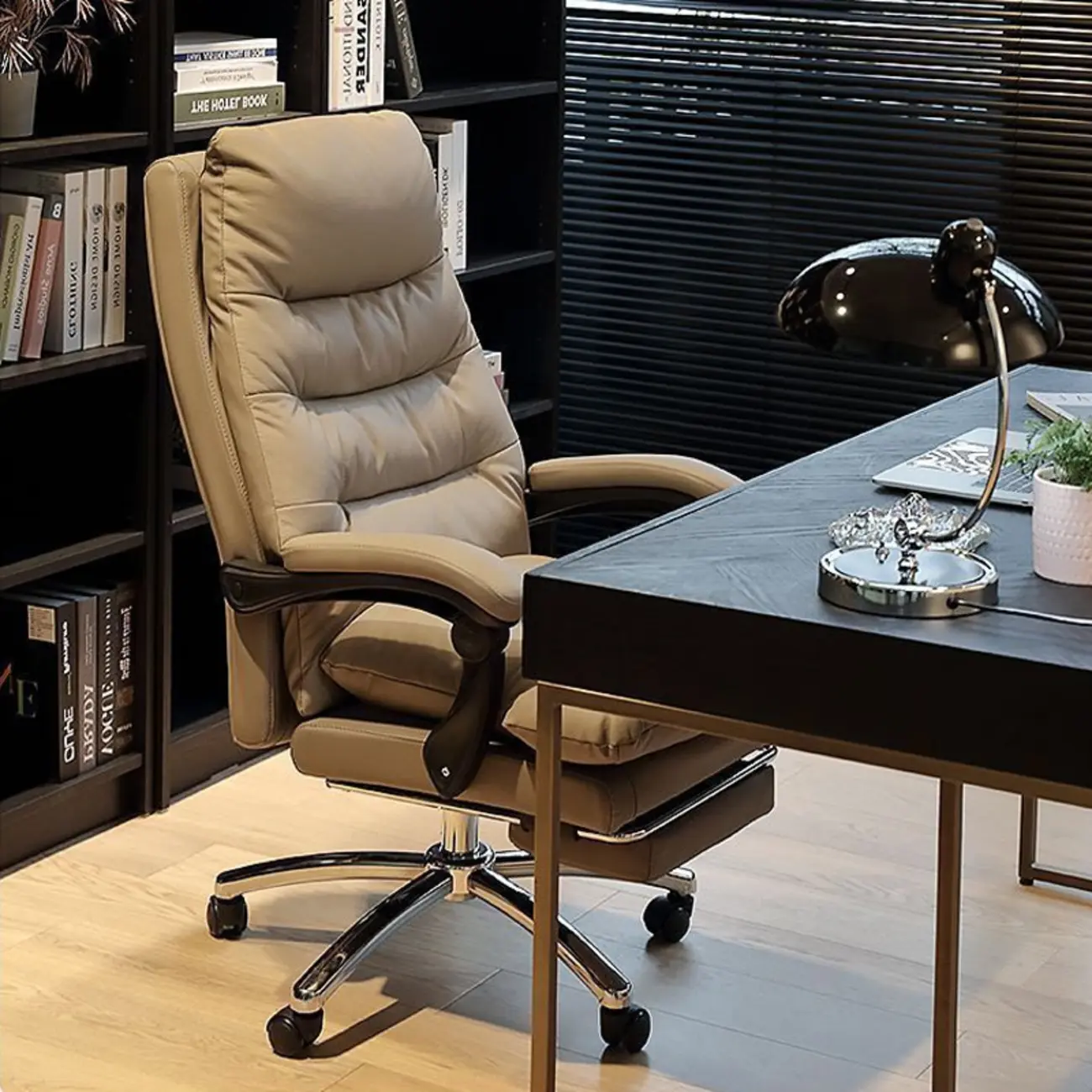 Reclining Beige Leather Adjustable Swivel Office Chair