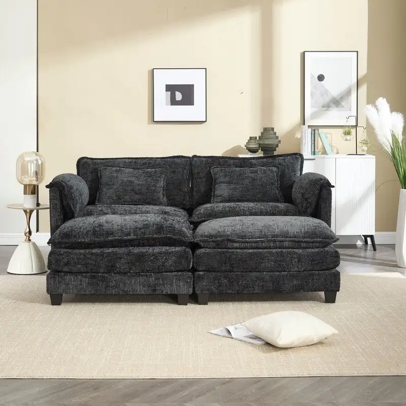 76.77  Chenille Upholstered Sofa with 2 Ottomans