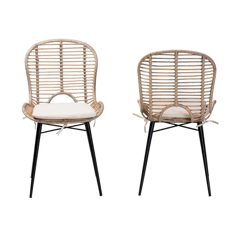 Modern Bohemian Rattan and Metal 2-Piece Dining Chair Set