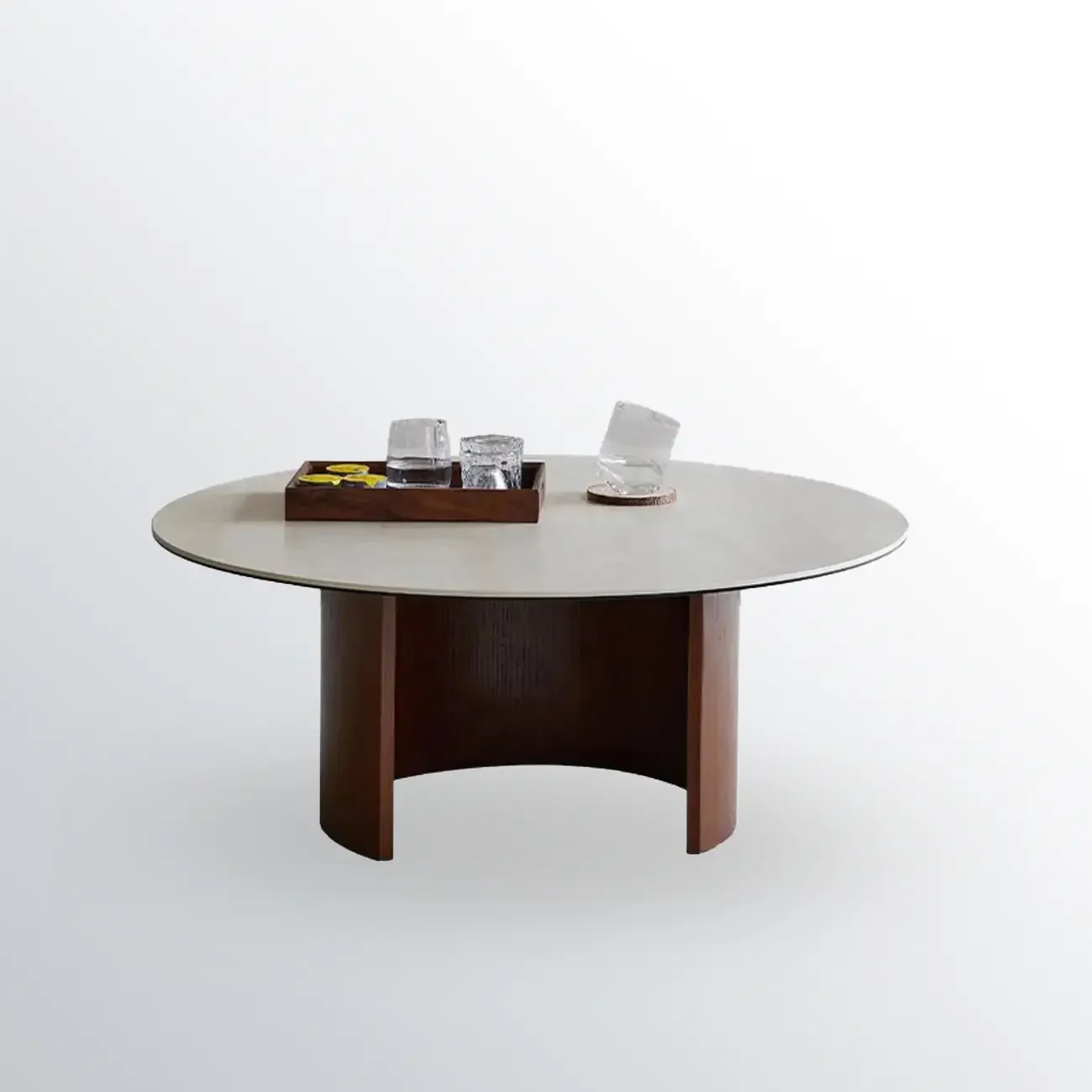 Modern Travertine White Round Coffee Table with Unique Base