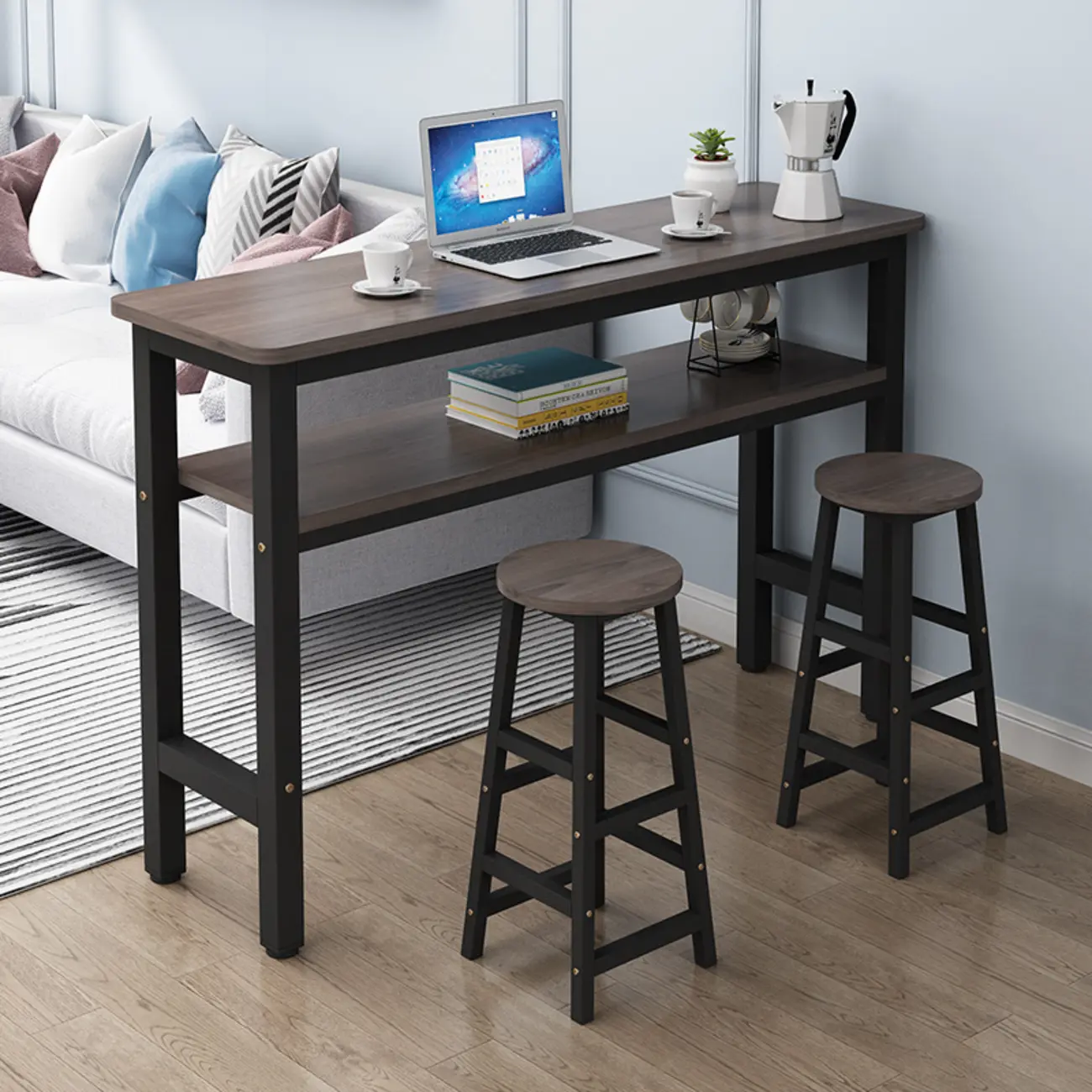 Rectangle Round Edge Wooden Bar Table Metal Base with Shelf