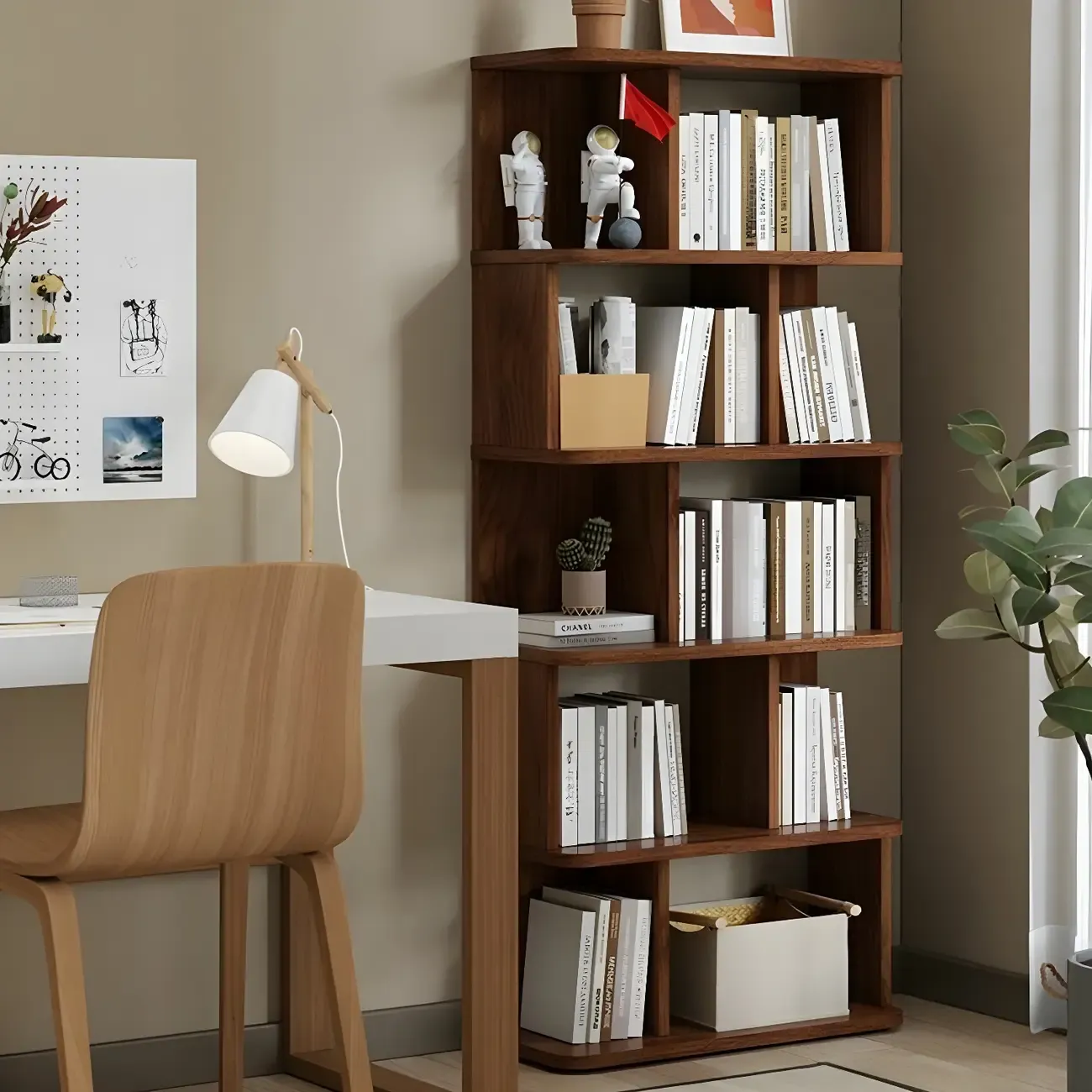 Tall Modern Walnut Open Back 6-Shelf Wood Bookcase
