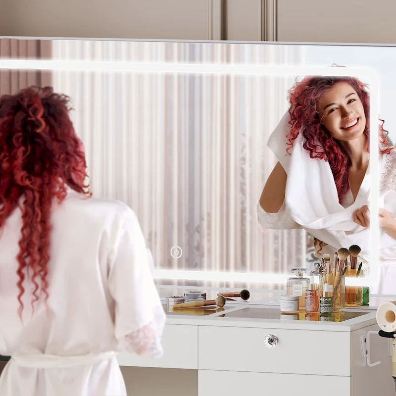 Moasis 47 Vanity Desk with LED and Power Outlets, Makeup Vanity Dressing Table with Dividers and Hair Dryer Rack