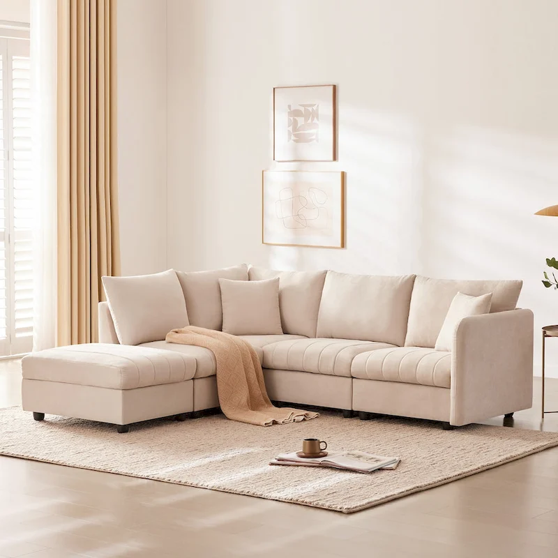 Modern L-Shape Sectional Sofa with Vertical Stripes,2 Pillows,Ottoman,Various Combinations,Beige