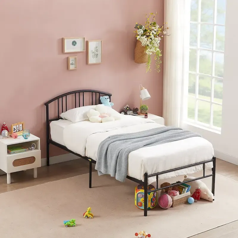 Modern Metal Bed Frames with Curved Headboard, No Box Spring Needed, Black