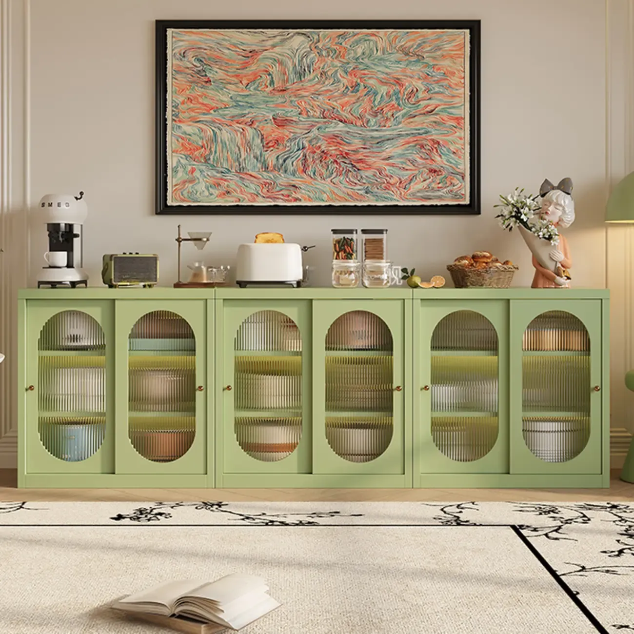 Narrow Green Storage Sideboard with Glass Doors