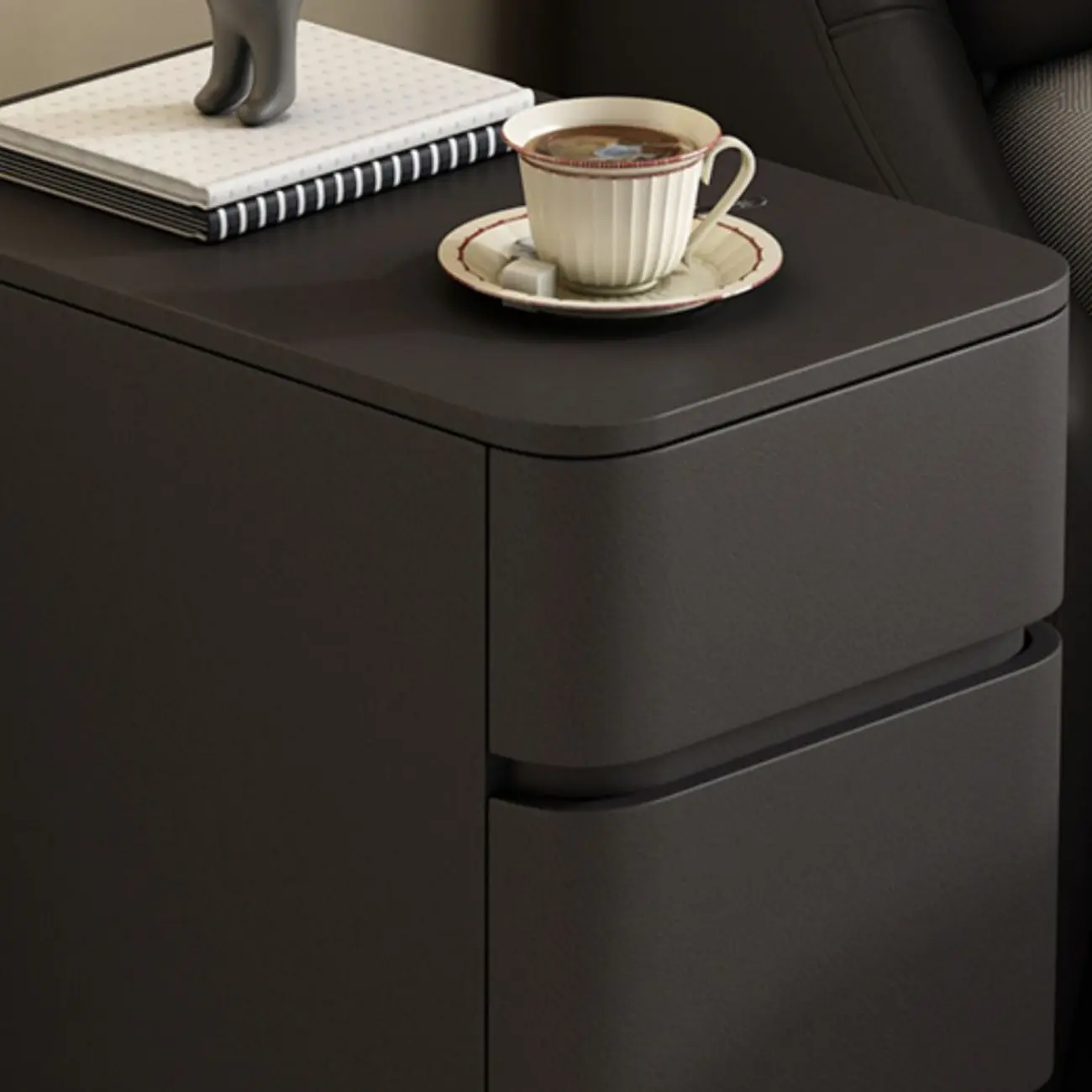 Narrow Leather Wood 3-Drawer Black Nightstand