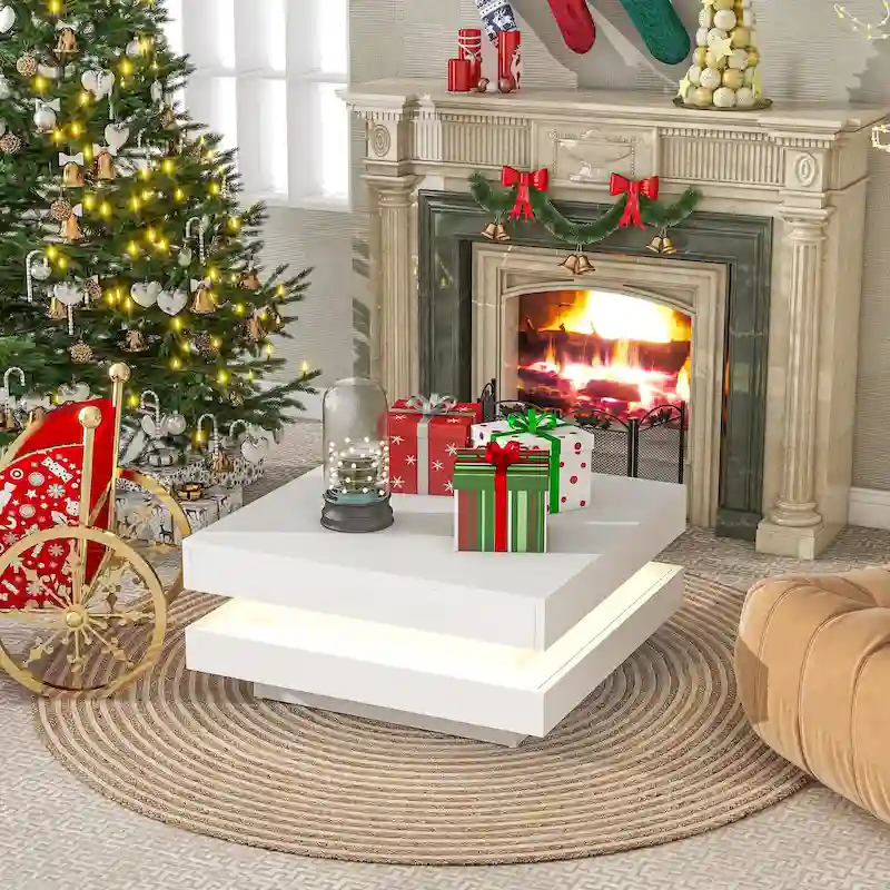 High Gloss Minimalist Design 2-Tier Square Coffee Table with Plug-in 16-color LED Lights Center Table for Living Room