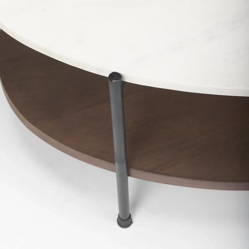 White Marble Top w/ Dark Brown Wood Shelf Oval Coffee Table