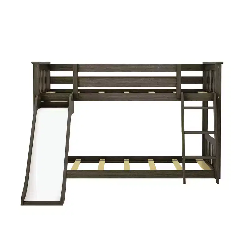 Twin Over Twin Low Bunk With Easy Slide & Light Pink & White Farmhouse Curtain