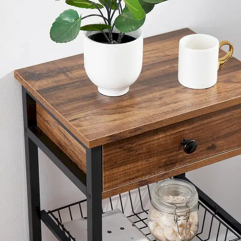 1-Drawer Mid-Century Tall Nightstands with Removable Basket and Low Shelf