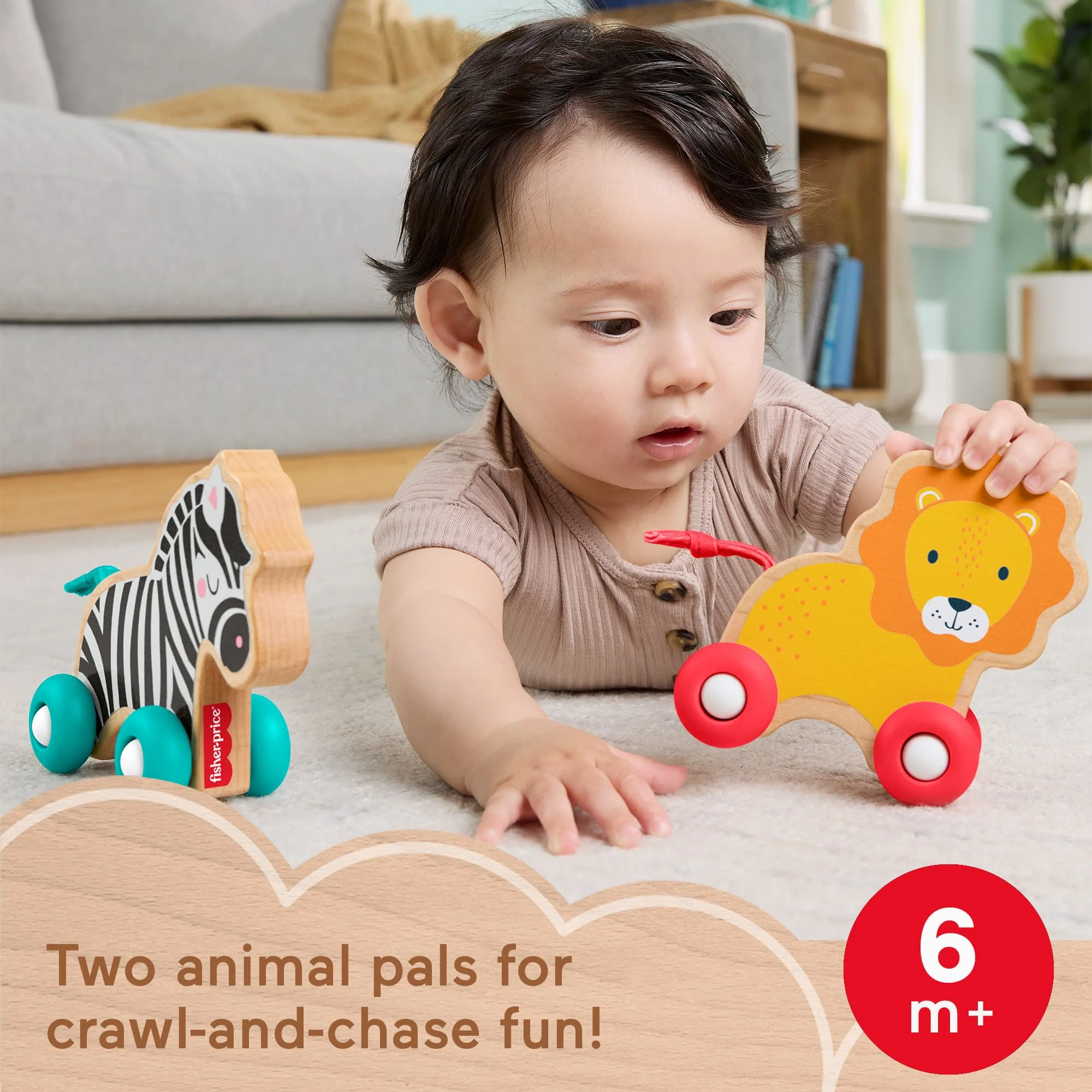 Fisher-Price Wooden Push Along Animals, Lion & Zebra Toy Vehicles For Baby Crawling Play