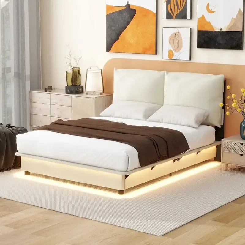 Upholstered Platform Bed with Sensor Light and Ergonomic Design Backrests