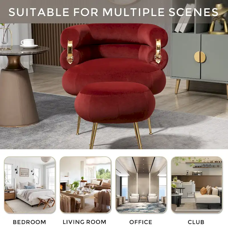 Wine Red Upholstered Barrel Chair with Ottoman and Metal Legs