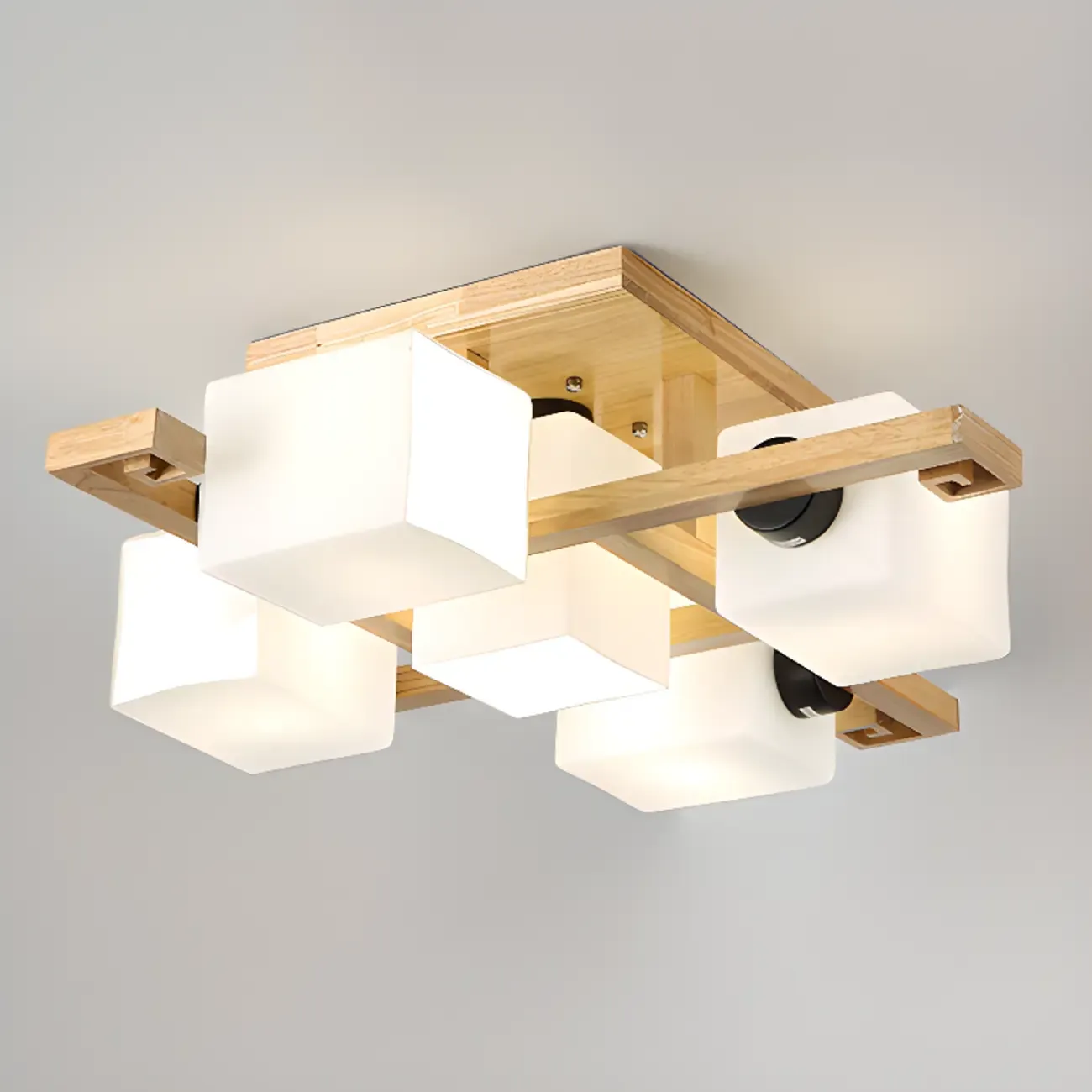 8.5 Height Square Glass Natural Wood Semi Flush Ceiling Light