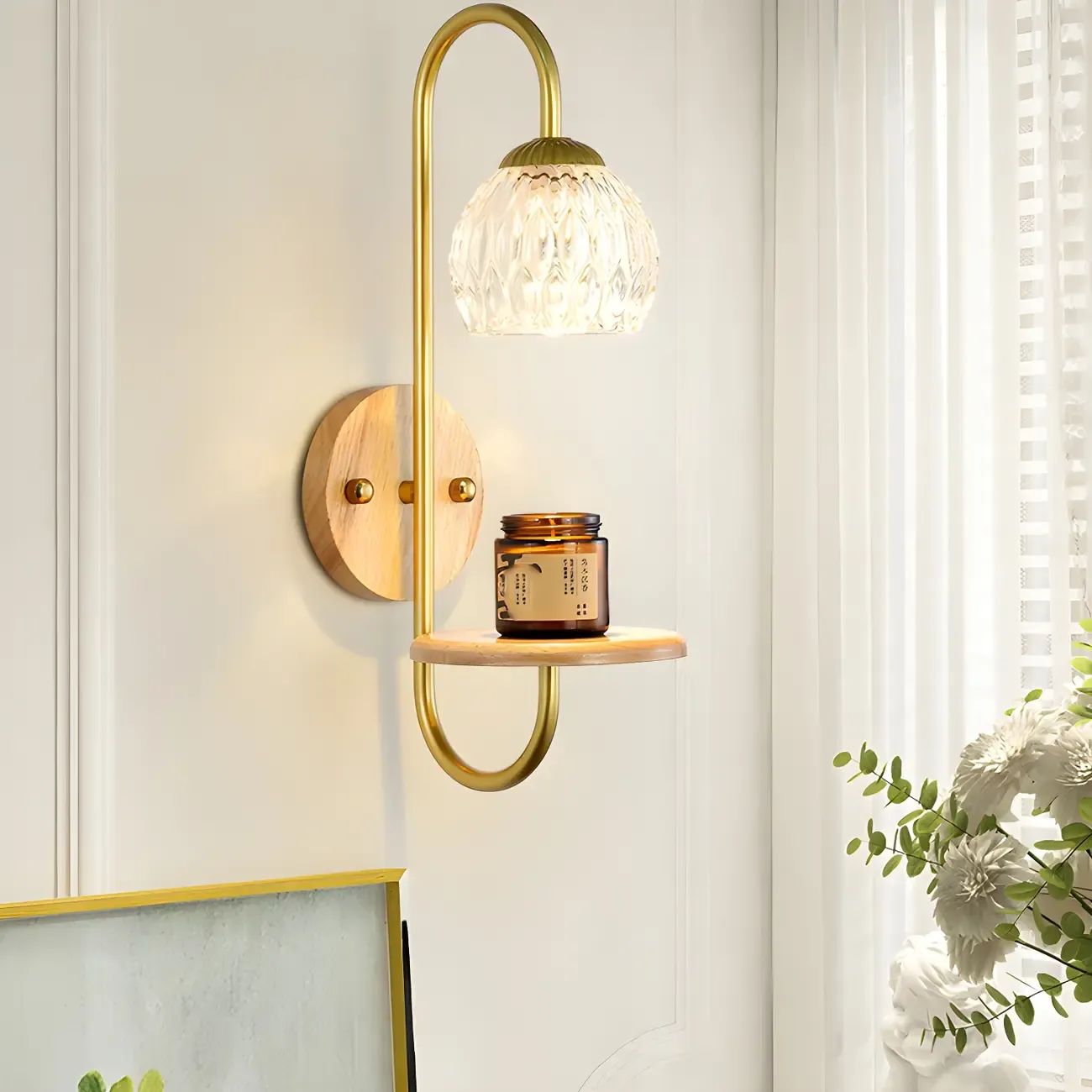 Modern Glass Wall Sconce with Wood Shelf for Bedroom Decor