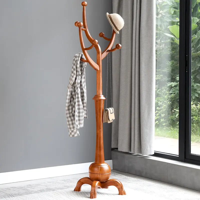 Rubberwood Freestanding Coat Rack with 8 Hooks - 24.5W x 70.87H