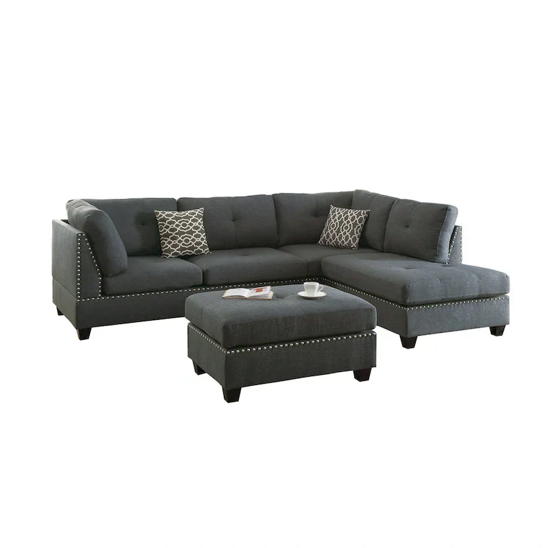 Bobkona Chaise Upholstered 3-piece Reversible Sectional Sofa Set
