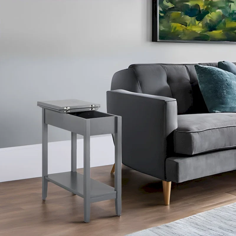 Narrow Flip-Top End Table with Drawer & Shelf, Gray/Black/Espresso/Cream/White/Cherry