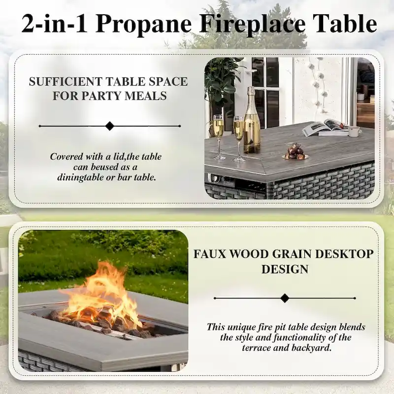 Propane Fire Pit Table Patio Chair Ottoman Sets - Grey