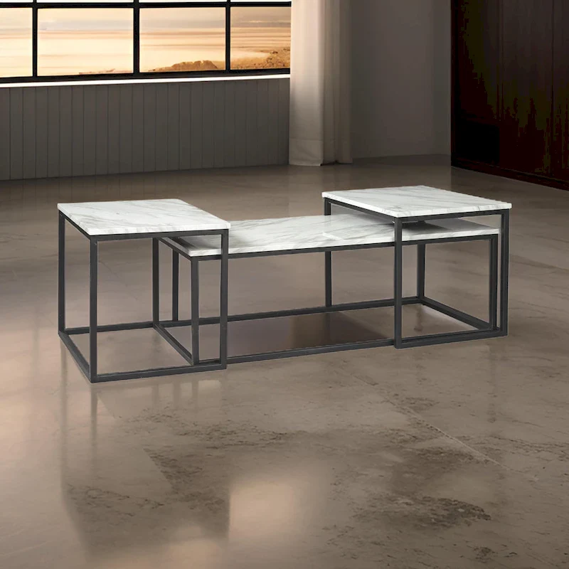 3 Piece Occasional Table, Metal Frame, Marble Top, White and Black