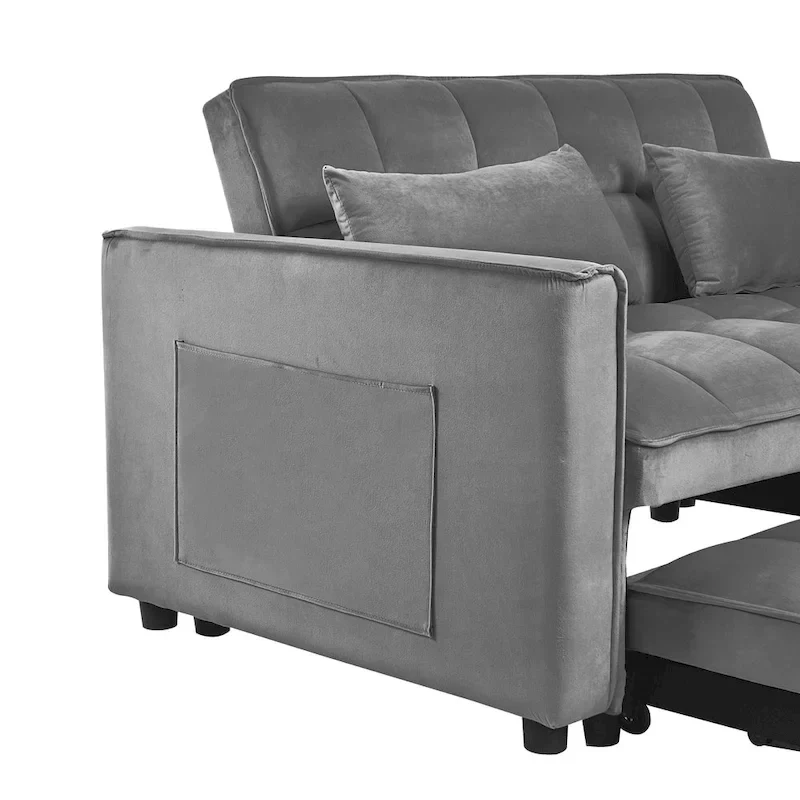 Modern Velvet Loveseat Futon Sofa Couch Pullout Bed, Small Love Seat Lounge Sofa w/Reclining Backrest, Toss Pillows, Pockets