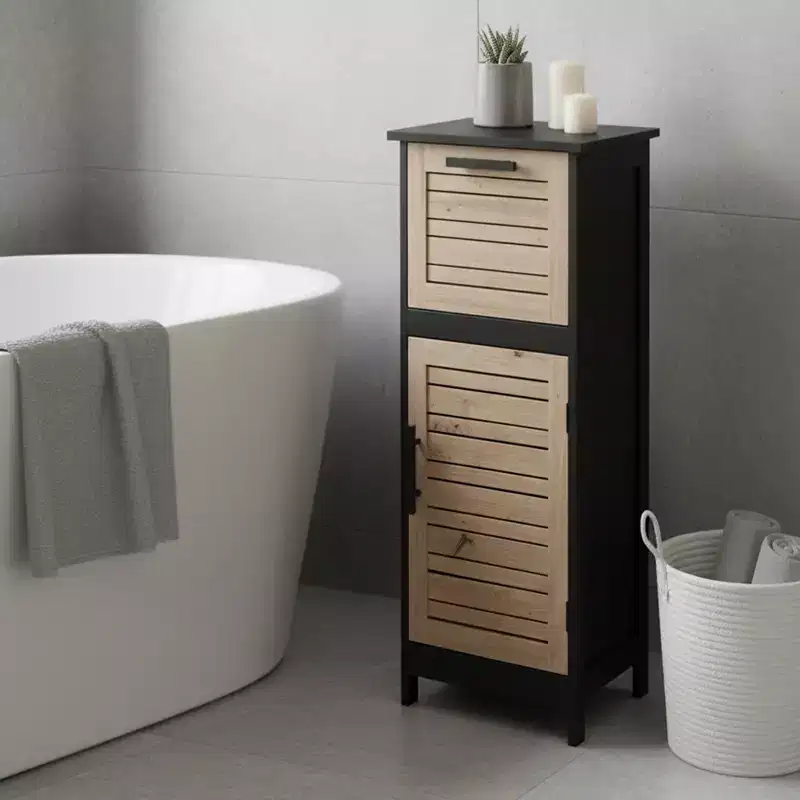 Black & Brown Bathroom Floor Cabinet with Drawer and Vented Door