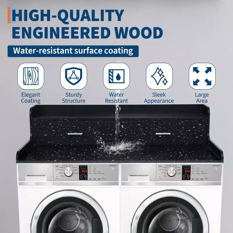 Laundry Countertop, 2-Tier Washer Dryer Countertop with 2 Drawers - 2.75'' Edge Rails, Waterproof Wood, Anti-Slip Pads (54''W27.55''D)