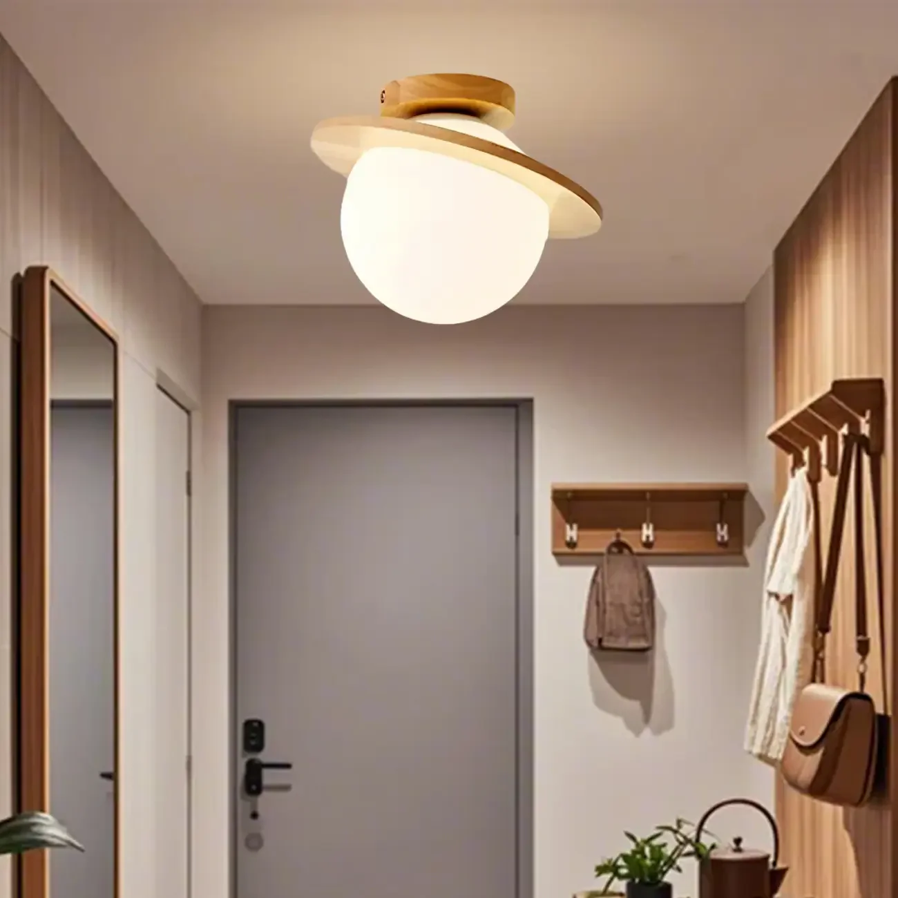 Circular Glass Ball Natural Wood Semi Flush Ceiling Light
