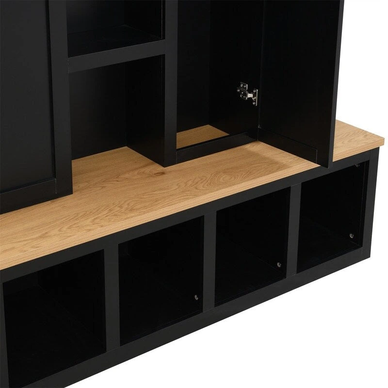 Farmhouse 4-in-1 Hall Tree with Open Display Shelves, Mudroom Shoe Bench with Open Compartments, Entryway Coat Rack with 6 Hooks