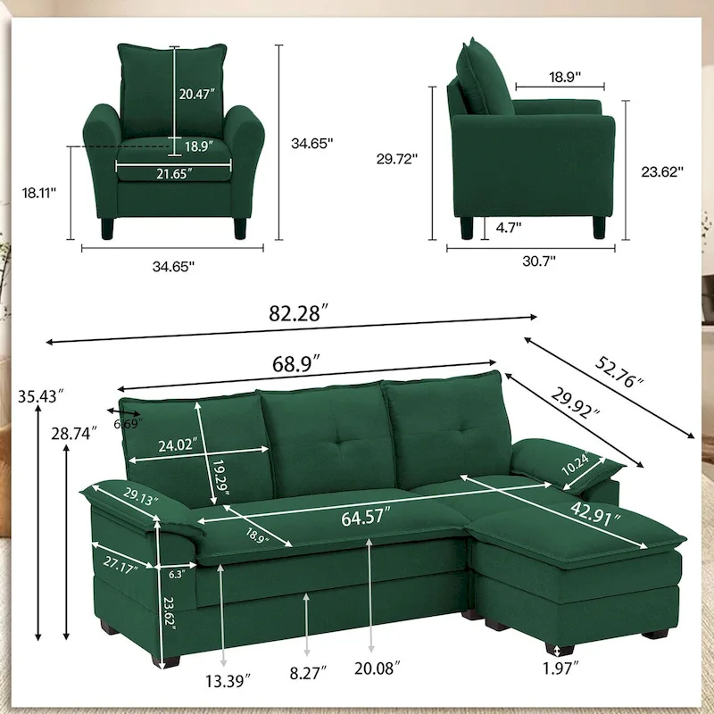 82.28 L Shaped 3 Pieces Living Room Sets