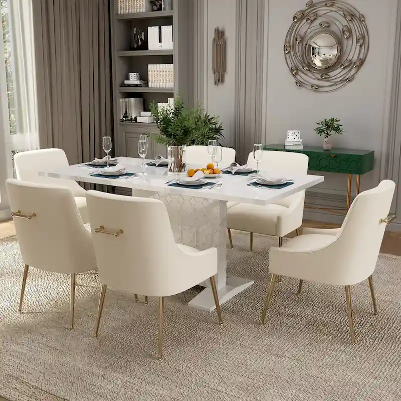 7-Piece Clihome High-gloss Extendable Table Velvet Chair Dining Set