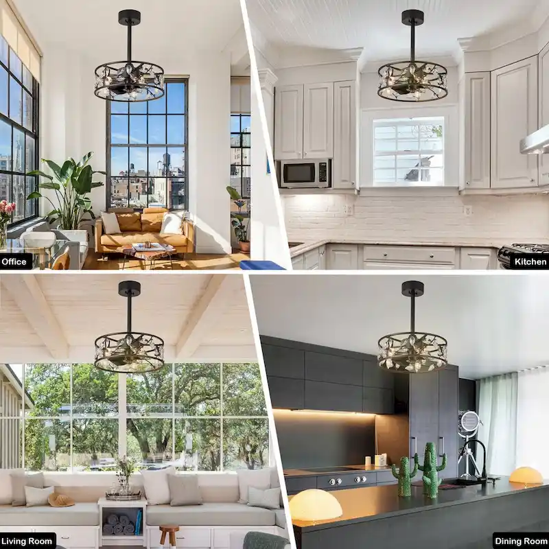 Cusp Barn 18in. Modern Crystal Caged Ceiling Fan With Light, Industrial Metal Shade Reversible 6-Speed Ceiling Fan With Remote