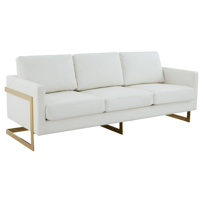 LeisureMod Lincoln Modern Upholstered Leather Sofa with Gold Frame - 83